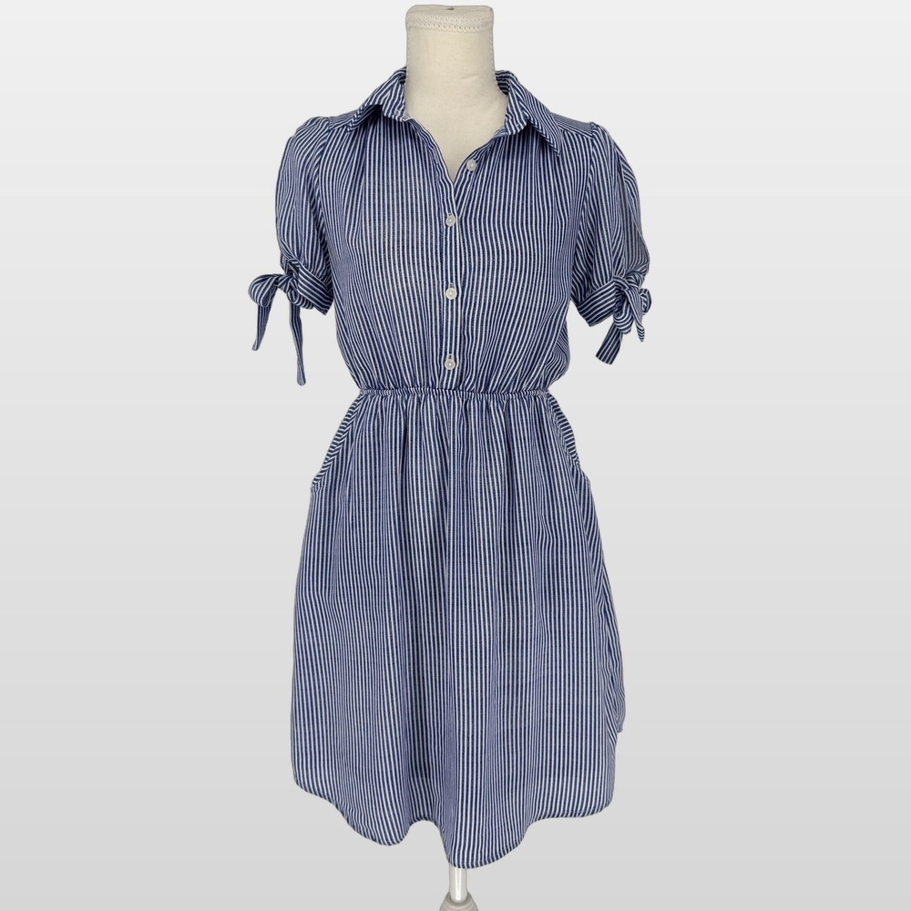 Monteau Striped Shirt Dress‎ Womens S Polyester Tie Sleeve Coastal Preppy Blue